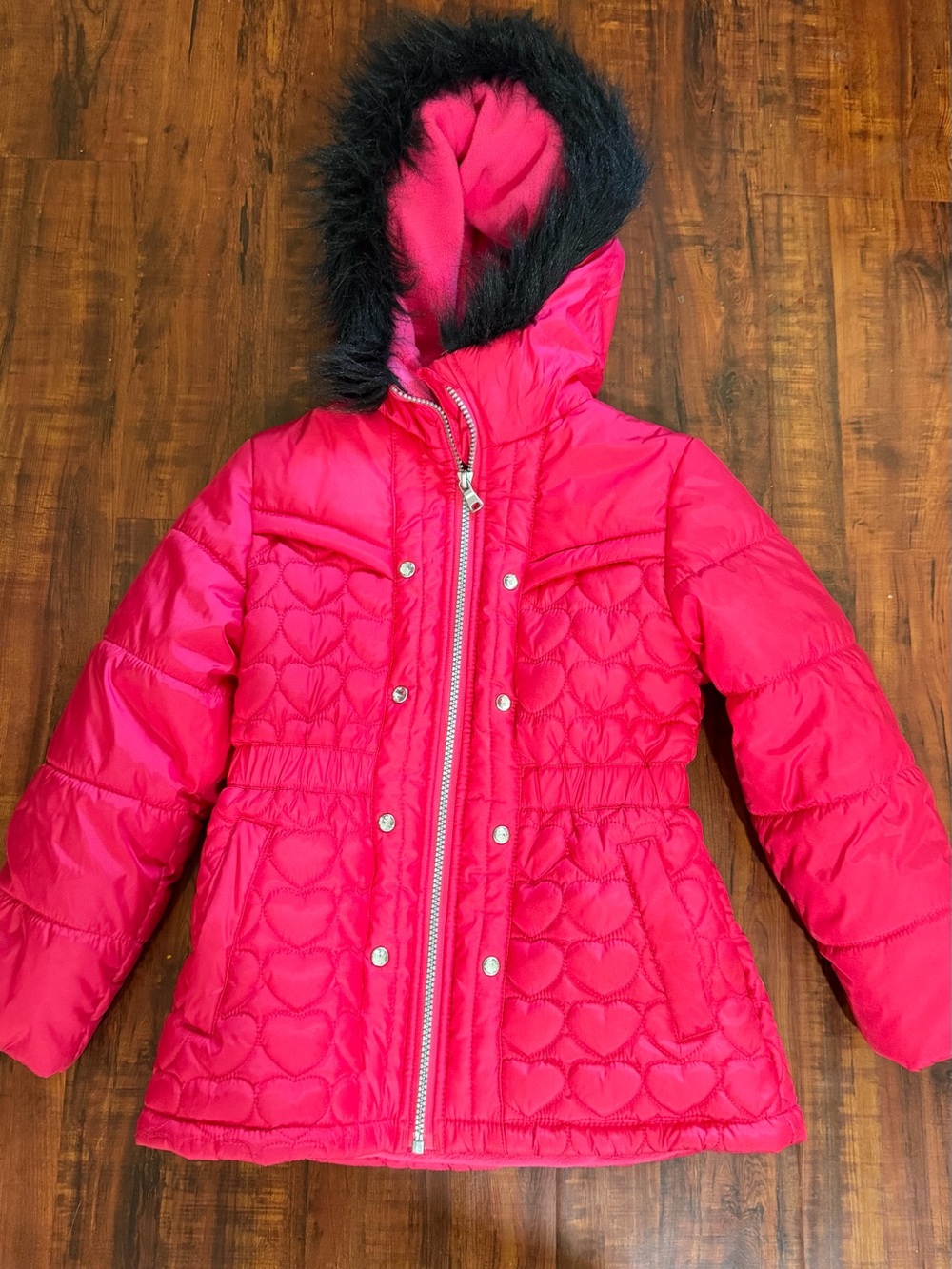 Jessica Simpson Girls Hot Pink Puffer Jacket with Black Faux Fur Hood Trim